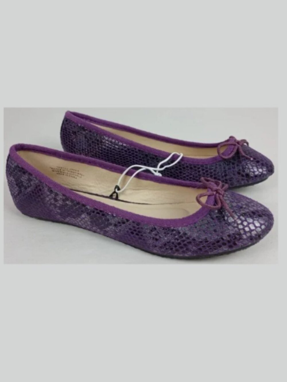 NWOT Lily's Womens 7.5 Purple Textured Snake Skin Bow Ballerina Flat Shoes